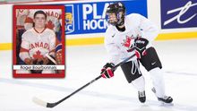 A photo of Jaime Bourbonnais at Team Canada practice with a hockey card of her grandfather, Roger Bourbonnais, laid over it