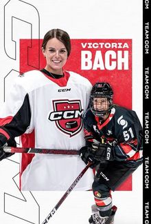 CCM sponsored graphic of Victoria Bach with a cutout of her smiling and a cutout of her skating