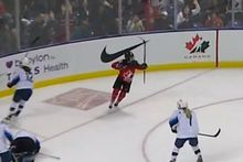 Victoria Bach celebrating immediately after scoring the OT winner against Team USA