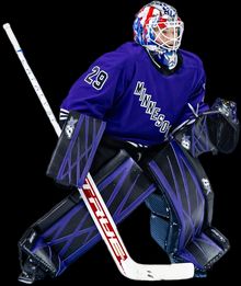 Nicole Hensley in her PWHL Minnesota gear ready to make a save